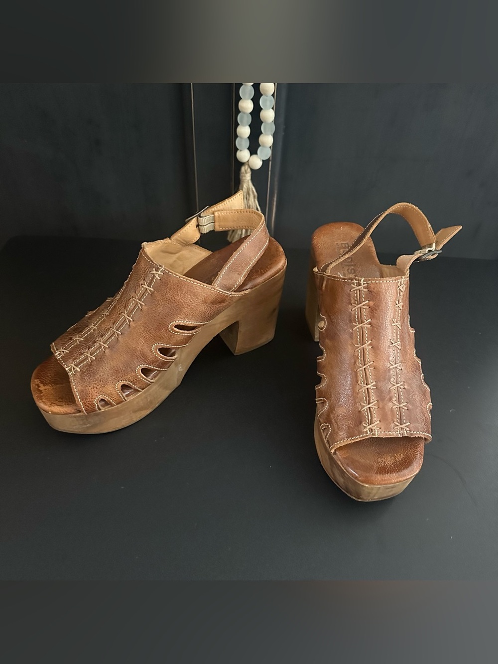 BED|STU Brown Leather Platform Slingback Clogs Size 8